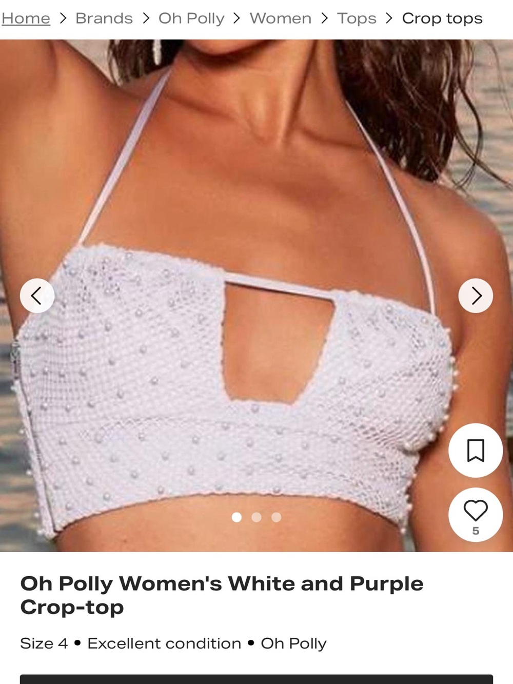 Oh Polly White Crochet Pearl Halter Crop Top with Lilac Trim